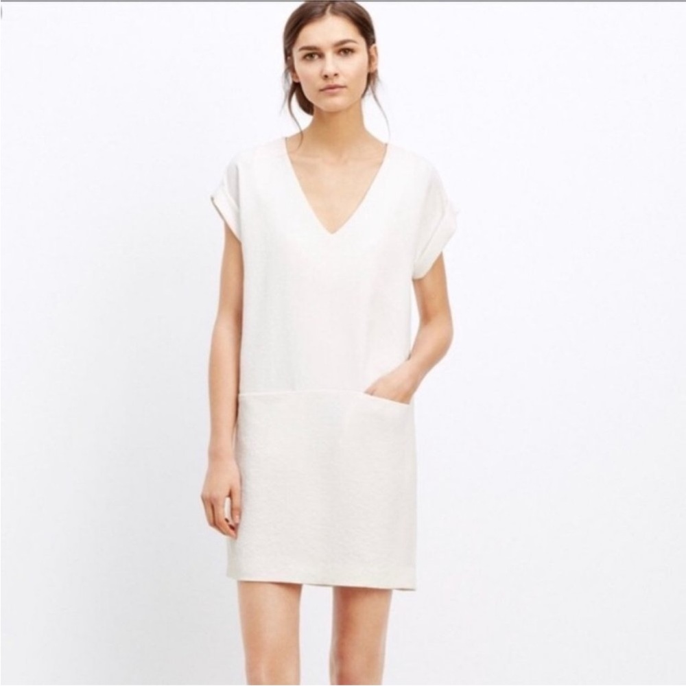 Vince White Rolled Sleeve V Neck Shift Dress Small Fully Lined 2 Pockets